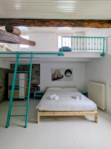 a bedroom with a bunk bed and a ladder at Casa colore intera casa nel borgo antico in Ossuccio