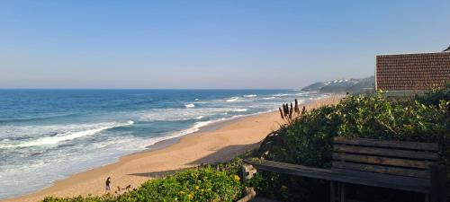 a view of a beach with a bench and the ocean at Seaside Serenity - Your ultimate beachfront escape in Sheffield Beach