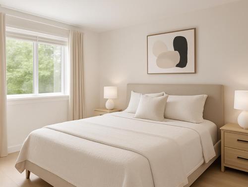 una camera da letto bianca con un letto bianco e una finestra di Rochedale Outlook a Rochedale