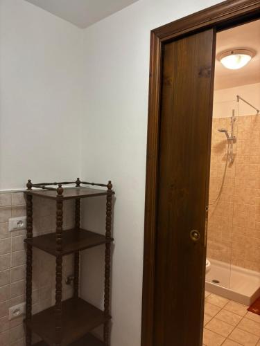 a bathroom with a shower and a wooden door at Casavacanzebrunella in Sassoferrato