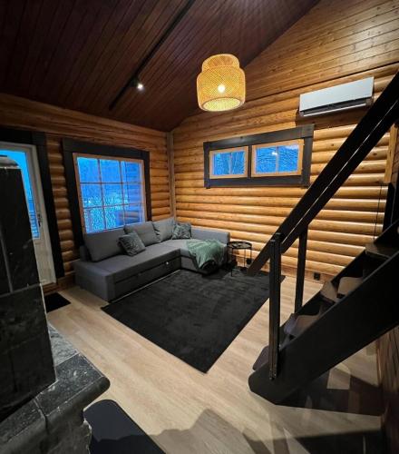 a living room with a couch in a room with wooden walls at Arvoneliöt Lomahimos 17 in Jämsä
