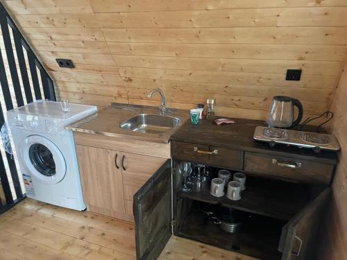 a kitchen with a sink and a washing machine at Sunset Cottage Busheti in Busheti