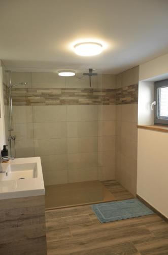 a bathroom with a sink and a glass shower at Au pied de La Redoute in Sougné-Remouchamps