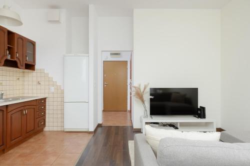 a living room with a couch and a flat screen tv at Pool & Cozy Apartment Warszawa Bukowińska by Solarento in Warsaw