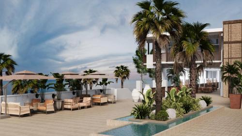 Corendon Hydros Club Kemer في كيمير: رسم تخيلي لفناء منتجع مزود بكراسي وأشجار نخيل