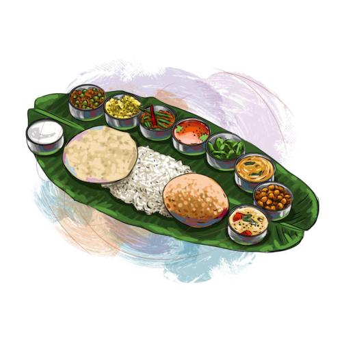 een bord met verschillende soorten levensmiddelen op een bananenblad bij Cherry Blossom in Kotagiri