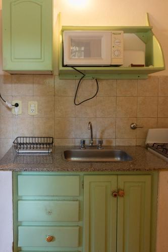 a kitchen with a sink and a microwave at La Cuyanita - Complejo de cabañas in Merlo