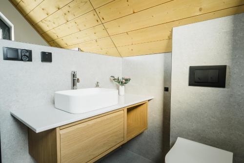 a bathroom with a sink and a wooden ceiling at Tatres Bachledówka in Czerwienne