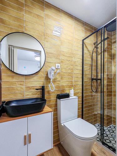 a bathroom with a toilet and a mirror at Pettit Lion in Villena