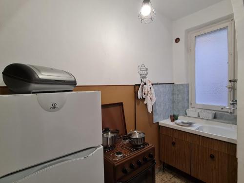 a kitchen with a refrigerator and a stove and a sink at Casa alta in Allerona