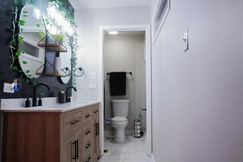 Jacuzzi Cul de Sac Home في Country Club Hills: حمام فيه مغسلة ومرحاض