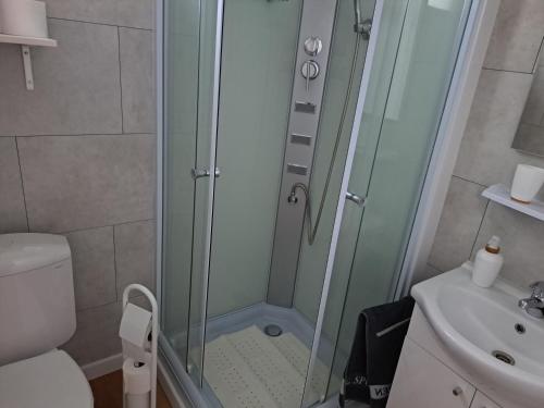 a shower with a glass door in a bathroom at Jonckershof Middelkerke bungalow 26 in Middelkerke
