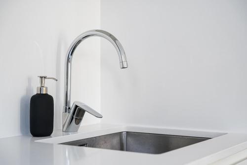 un fregadero con un dispensador de jabón junto a él en Private Garden Oasis, A Charming Flat in Bonfim, en Bicas