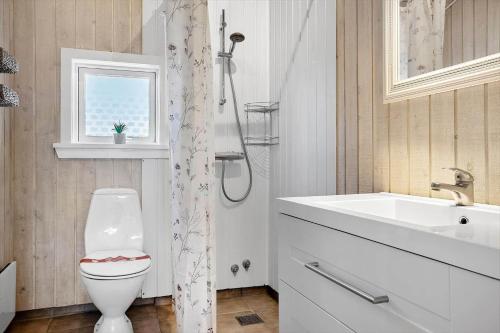 een witte badkamer met een toilet en een wastafel bij 941-Thisted-Klitstien-37 in Torsted