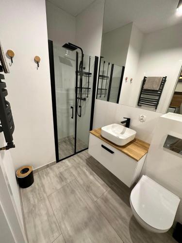 a bathroom with a shower and a toilet and a sink at Przystań Dębki in Dębki