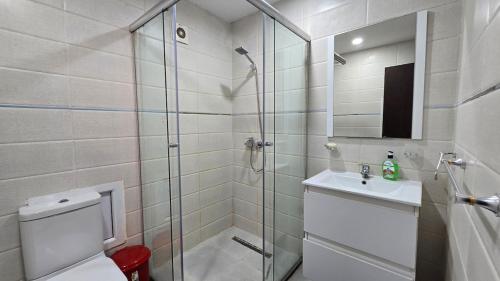 a bathroom with a shower and a toilet and a sink at T2 Cosy & Central Akid Lotfi in Oran