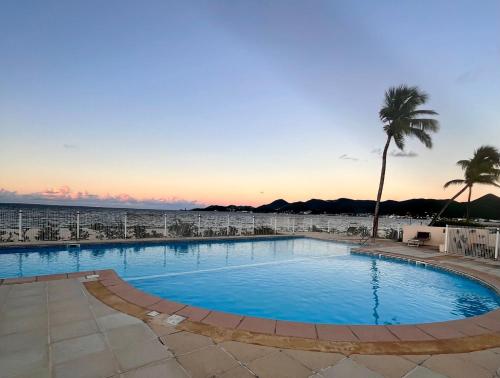 a swimming pool with a view of the beach at Superbe T2 Sole e Mare NBBC sur la plage de Baie Nettlé in Baie Nettle