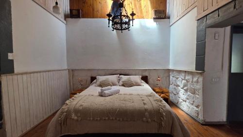 Oceana Suites San José de Maipo في إل كانيلو: غرفة نوم بسرير وثريا