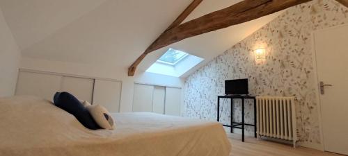 a bedroom with a bed and a television in a attic at Au plaisir de l'ivoie in Le May-sur-Èvre