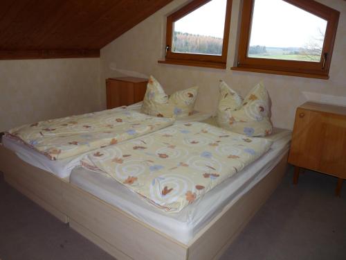 a large bed in a room with a window at Thomsdorf Sommerland in Thomsdorf