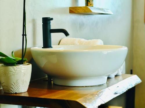 Revival House Shalom في خليج جيفريز: حوض غسيل موضوع على طاولة خشبية في الحمام