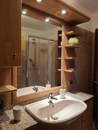 a bathroom with a sink and a large mirror at Il Borgo By Phoenix in Olmo al Brembo