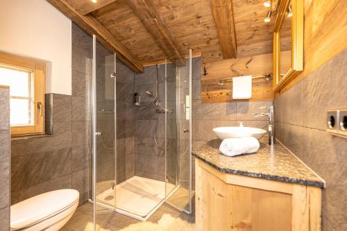 a bathroom with a shower and a toilet and a sink at Ferienhütte Alpenherz in Alpbach