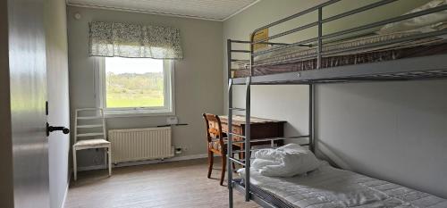 Dogfriendly House in Hjälmvik with Sea Glimpse SE09114 في Haga: غرفة نوم بها سريرين بطابقين ونافذة