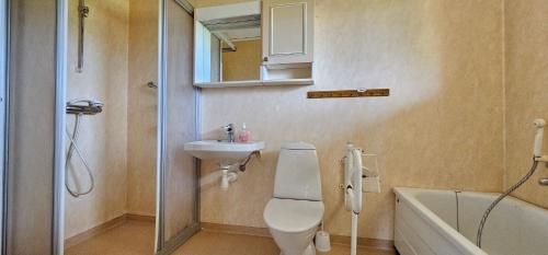 Dogfriendly House in Hjälmvik with Sea Glimpse SE09114 في Haga: حمام مع مرحاض ومغسلة وحوض استحمام