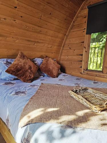 a bed in a log cabin with a window at The Forest Pod - Wood Fired Hot Tub and Fire Pit in Hambleton