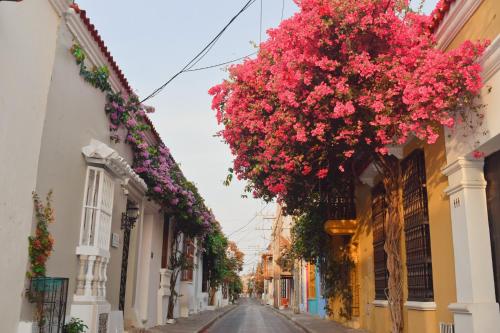 an empty street with flowers hanging from buildings at Casa Heredia Boutique in Cartagena de Indias