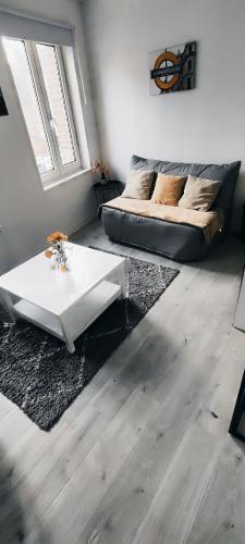 a living room with a bed and a table at Charmant deux pièces centre Cantimpré3 in Cambrai