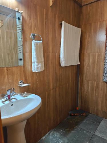 a bathroom with a sink and a mirror at Mistymountaincottage in Shimla