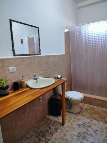 a bathroom with a sink and a toilet at Mambo Ecohostal in San Lorenzo