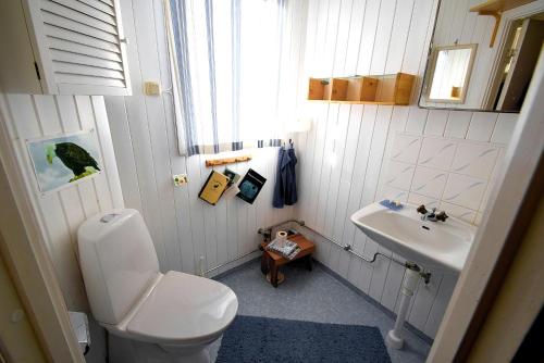 Un baño pequeño con inodoro y lavabo. en Two charming cottages in Hälleviksstrand SE09133, en Hälleviksstrand