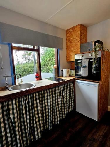 a kitchen with a sink and a microwave at The Woodland Lodge - Wood Fired Hot Tub and Firepit in Hambleton