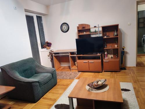 een woonkamer met een fauteuil en een televisie bij Signorina in Sajmište