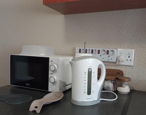 een aanrecht met een magnetron en een broodrooster bij 'The Cape Robin' studio apartment in Hoheizen