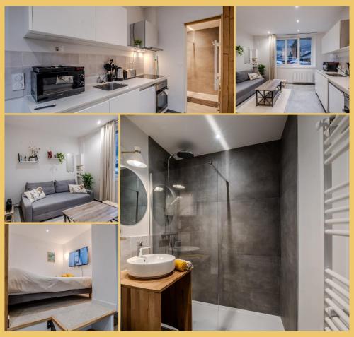 a collage of photos of a bathroom and a kitchen at L'Ecrin du Lac I Studio I Sévrier in Sévrier