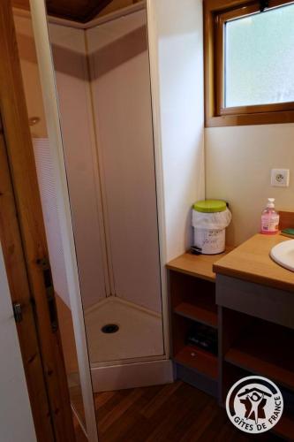 a bathroom with a shower and a sink at Gîte 19G5412 in Soursac