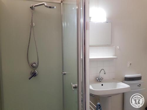 a bathroom with a shower and a sink at Gite ecole in Soursac
