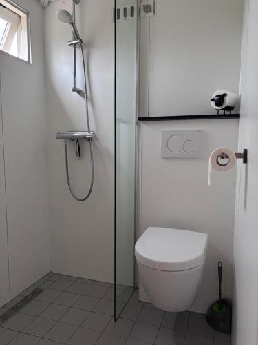 a white bathroom with a toilet and a shower at Hooiberghut op boerderij in Leidschendam