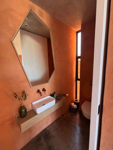 a bathroom with a sink and a mirror on the wall at Prince Albert Tall House in Prince Albert