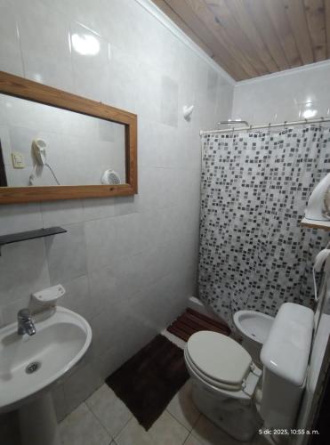 a bathroom with a sink and a toilet and a shower at Cabañas Viña Aliwen in Vistalba