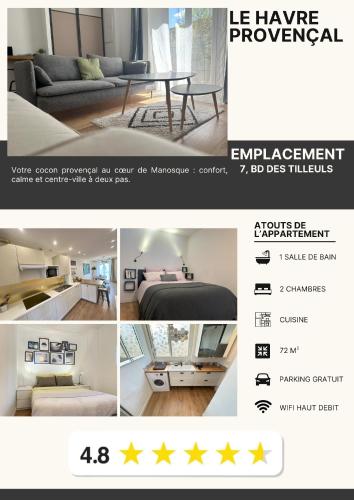 a collage of photos of a room with a couch and a table at Le Havre Provençal - Parking Inclus in Manosque