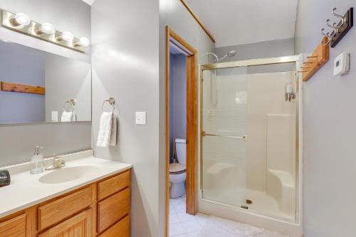 a bathroom with a shower and a sink at 8 Mi to Dtwn Saratoga Springs Quiet Family Home in Gansevoort
