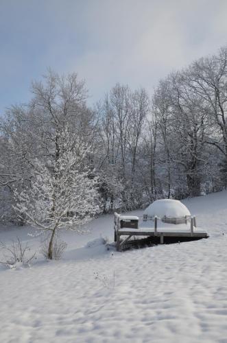 Monchateau étoilé, hébergement insolite avec Spa في Merlas: مقعد مغطى بالثلوج في حقل مغطى بالثلوج