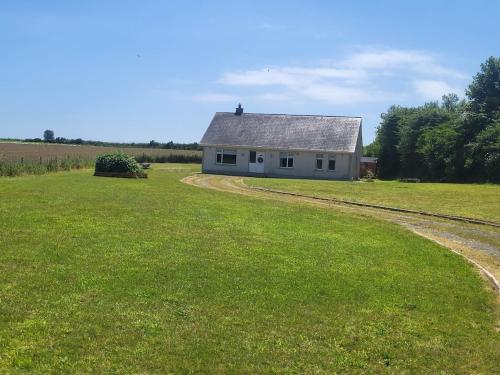 a white house in a field with a dirt road at Sunny south east in Wexford in Blackwater