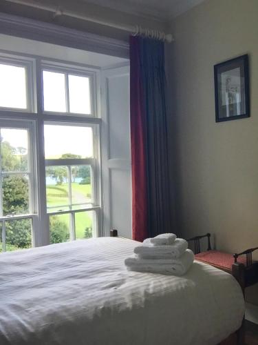 a bedroom with a bed with a large window at The Castle in Castlehaven