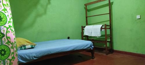 Un dormitorio pequeño con una litera y una pared verde. en Sinharaja Tour Guide, en Nikawatawana